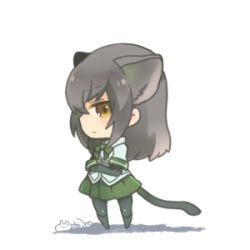 Rule 34 | &gt;:|, 10s, 1girl, :|, animal ears, black hair, blue shirt, bodystocking, brown eyes, cat ears, cat tail, chibi, closed mouth, collar, collared shirt, crossed arms, from side, full body, green ribbon, green skirt, jaguarundi (kemono friends), kemono friends, long hair, looking at viewer, lowres, maora oto, neck ribbon, pantyhose, pleated skirt, profile, ribbon, shadow, shirt, short sleeves, sidelocks, signature, simple background, skirt, solo, standing, tail, tsurime, v-shaped eyebrows, white background