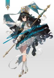 Rule 34 | 1girl, bare legs, black hair, blue eyes, blue ribbon, boots, bow, dress, english text, gillannn, gloves, grey background, hair between eyes, hair bow, hair ornament, hat, highres, holding, holding staff, long hair, long sleeves, looking at viewer, open mouth, original, puffy sleeves, ribbon, sidelocks, simple background, solo, staff, standing, very long hair, white footwear, white gloves, white hat
