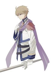 Rule 34 | 1boy, ahoge, blonde hair, brooch, brown eyes, chester stoddart, from side, george man, gloves, high collar, highres, holding, holding sword, holding weapon, jewelry, scarf, short hair, simple background, solo, sword, upper body, weapon, white background, white gloves, ys, ys iii wanderers of ys