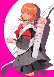 Rule 34 | 1girl, absurdres, armband, arrow (projectile), black jacket, black skirt, bow, bow (weapon), bowtie, brown eyes, brown hair, cardigan, closed mouth, collared shirt, commentary, cowboy shot, cropped legs, earrings, english commentary, from side, gekkoukan high school uniform, highres, holding, holding bow (weapon), holding weapon, jacket, jewelry, lamb (contra entry), looking at viewer, looking to the side, official alternate costume, persona, persona 3, persona 3 reload, pink cardigan, pleated skirt, red bow, red bowtie, s.e.e.s, school uniform, shirt, short hair, skirt, smile, solo, stud earrings, swept bangs, takeba yukari, twitter username, weapon, white shirt