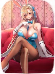 Rule 34 | 1girl, :q, animal ears, asuna (blue archive), asuna (bunny) (blue archive), bare shoulders, between breasts, blue archive, blush, bow, bowtie, breasts, brown pantyhose, cleavage, closed mouth, collarbone, couch, crossed legs, detached collar, elbow gloves, fake animal ears, gloves, hairband, high heels, highres, kangaruu (momotk1109), large breasts, leotard, long hair, looking at viewer, pantyhose, playboy bunny, sitting, smile, solo, thighs, tongue, tongue out, traditional bowtie, white footwear, white gloves, white hairband