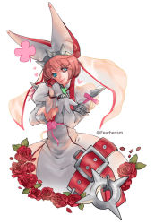 Rule 34 | 1girl, artist name, belt, blue eyes, breasts, cleavage, clover, dress, earrings, elphelt valentine, featherism (yuna), fingernails over gloves, flower, gloves, guilty gear, guilty gear xrd, hairband, hands together, hat, jewelry, large breasts, looking at viewer, petals, pink hair, ribbon, rose, short hair, spikes, veil