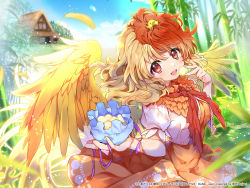 Rule 34 | 1girl, animal, animal on head, arm garter, artist request, bamboo, bird, bird on head, bird wings, blonde hair, blue sky, blurry, blurry background, cloud, copyright notice, dress, feathered wings, feathers, food, highres, hut, light particles, looking at viewer, mochi, multicolored hair, niwatari kutaka, on head, open mouth, orange skirt, pouch, red hair, red neckwear, red ribbon, ribbon, short hair, short sleeves, skirt, sky, solo, teeth, touhou, touhou danmaku kagura, two-tone hair, upper body, upper teeth only, vest, white vest, wings
