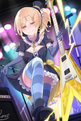 Rule 34 | 1girl, amplifier, bad id, bad pixiv id, black dress, black footwear, black hat, blonde hair, blue thighhighs, blush, boots, closed mouth, collar, commentary request, crescent, crescent earrings, dress, earrings, elbow gloves, electric guitar, frilled collar, frilled dress, frilled gloves, frills, gloves, guitar, hair ornament, hair scrunchie, hat, instrument, jewelry, lightning, long hair, looking at viewer, loup, mini hat, mini top hat, original, purple gloves, scrunchie, side ponytail, sidelocks, skirt hold, smile, solo, stage lights, star (symbol), star earrings, striped clothes, striped thighhighs, thighhighs, top hat, white scrunchie, yellow eyes