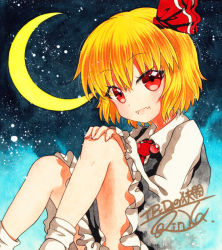 Rule 34 | 1girl, :d, bad id, bad pixiv id, black skirt, black vest, blonde hair, blue background, collared shirt, crescent moon, fang, feet out of frame, frilled skirt, frills, hair ribbon, hand on own knee, long sleeves, looking at viewer, moon, open mouth, qqqrinkappp, red eyes, red neckwear, red ribbon, ribbon, rumia, shikishi, shirt, signature, skin fang, skirt, smile, socks, solo, touhou, traditional media, vest, white shirt, white socks
