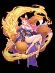 Rule 34 | :d, animal ear fluff, animal ears, bare legs, bare shoulders, breasts, cleavage, eyebrows, flower, fox ears, fox tail, hair between eyes, hair flower, hair ornament, highres, japanese clothes, kimono, large breasts, long sleeves, looking at viewer, open mouth, pink hair, platform clogs, smile, sramy, tail, tamamo no mae, toes, yellow eyes