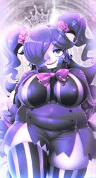 Rule 34 | 1girl, @ @, belly, bow, breasts, character name, covered navel, crown, fat, hair over one eye, hakkasame, highres, indie virtual youtuber, large breasts, looking at viewer, mime, one eye covered, open mouth, pale skin, purple bow, shizuoka ruko, shortstack, skindentation, smile, solo, thighhighs, twintails, virtual youtuber
