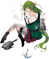 Rule 34 | 1girl, back turned, boots, braid, coat, cross-laced footwear, dress, fish, fujikawa, full body, gloves, unworn gloves, green hair, grey pantyhose, hair undone, headband, kantai collection, lace-up boots, long hair, machinery, mole, mole under mouth, necktie, official art, pantyhose, saury, school uniform, shirt, sleeveless, sleeveless dress, solo, torn clothes, torn pantyhose, transparent background, very long hair, wet, wet clothes, white shirt, yuugumo (kancolle)