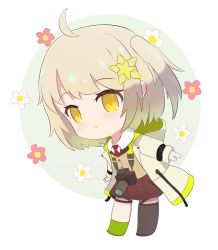 Rule 34 | 1girl, ahoge, arknights, asymmetrical legwear, black thighhighs, blush, brown eyes, brown skirt, brown vest, camera, camera around neck, chibi, closed mouth, collared shirt, commentary request, floral background, flower, full body, green background, green socks, hair ornament, highres, hood, hood down, hooded jacket, jacket, leaning forward, long sleeves, necktie, one side up, open clothes, open jacket, pleated skirt, rebaa, red flower, red necktie, scene (arknights), shirt, single sock, single thighhigh, skirt, sleeves past wrists, socks, solo, standing, thighhighs, two-tone background, vest, white background, white flower, white jacket, white shirt, yellow eyes