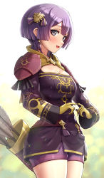 Rule 34 | 1girl, arrow (projectile), bernadetta von varley, blunt ends, breasts, cleavage, commentary request, cowboy shot, fire emblem, fire emblem: three houses, gloves, gonzarez, grey eyes, hair between eyes, hair ornament, highres, long sleeves, looking at viewer, nintendo, open mouth, purple hair, shorts, simple background, solo, tongue, white background
