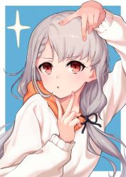 Rule 34 | 1girl, :o, arm up, black ribbon, blue background, braid, braided bangs, commentary request, deca purio, double v, fingernails, grey hair, hair ribbon, hisakawa nagi, hood, hood down, hoodie, idolmaster, idolmaster cinderella girls, long hair, long sleeves, looking at viewer, low twintails, nail polish, parted lips, pink nails, red eyes, ribbon, solo, sparkle, twintails, two-tone background, upper body, v, white background, white hoodie