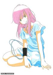 Rule 34 | 1980s (style), 1girl, artist name, bare legs, cable, dress, full body, green eyes, highres, long hair, looking at viewer, marker (medium), oldschool, original, pink hair, retro artstyle, short sleeves, sidelocks, simple background, sitting, solo, take (orion transport), traditional media, white background, wristband, yokozuwari