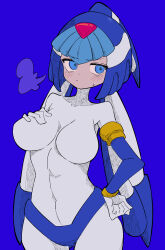Rule 34 | 1girl, absurdres, android, blue eyes, blush, breasts, buzzlyears, commentary, covered navel, fairy leviathan (mega man), forehead jewel, full-face blush, heavy breathing, helmet, highres, large breasts, mega man (series), mega man zero (series), sigh, solo, tearing up, topless