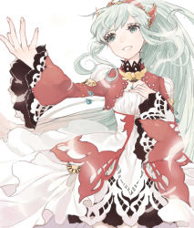 Rule 34 | 10s, 1girl, brooch, frills, green eyes, jewelry, lailah (tales), long hair, negi (loveyr), skirt, smile, solo, tales of (series), tales of zestiria, tiara, white background, white hair