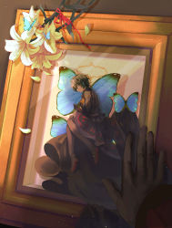 Rule 34 | 1boy, absurdres, black footwear, black gloves, black pants, black robe, blue butterfly, blue eyes, boots, bug, butterfly, earrings, ensemble stars!, flower, framed insect, gloves, highres, in container, insect, insect collection, jewelry, kagehira mika, kekekkbk, light particles, lily (flower), long sleeves, looking at viewer, lying, male focus, mini person, miniboy, on side, out of frame, pants, petals, picture frame, pov, pov hands, profile, red ribbon, ribbon, robe, sash, short hair, sideways glance, solo focus, thigh boots, waking up, white flower