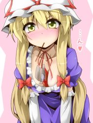 Rule 34 | 1girl, between breasts, blonde hair, blush, breasts, cleavage, dress, elbow gloves, female focus, food, gloves, hat, large breasts, long hair, mouth hold, pocky, pocky day, solo, touhou, very long hair, white gloves, yakumo yukari, yellow eyes, yoshihiro-m