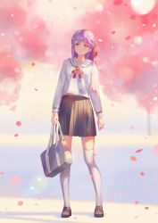 Rule 34 | 1girl, asanogawa (tutufcc), bag, black skirt, blurry, blurry background, cherry blossoms, closed mouth, fate/stay night, fate (series), full body, hair ribbon, highres, holding, holding bag, looking at viewer, matou sakura, petals, pleated skirt, purple eyes, purple hair, ribbon, school uniform, shadow, short hair, skirt, smile, solo, thighhighs, white thighhighs, zettai ryouiki