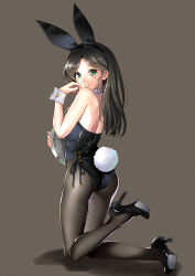 Rule 34 | 1girl, animal ears, ass, backless outfit, bare shoulders, black footwear, black hair, black pantyhose, blush, fake animal ears, from side, full body, green eyes, grey background, hairband, hand up, high heels, holding, holding tray, katahira masashi, kneeling, leg up, leotard, long hair, looking at viewer, looking back, original, pantyhose, parted lips, playboy bunny, pumps, rabbit ears, rabbit tail, shoes, simple background, smile, solo, tail, thighs, tray, wrist cuffs
