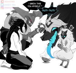 Rule 34 | 1boy, 1girl, animal ears, barefoot, blue tongue, body fur, colored tongue, cup, demon boy, demon horns, english text, furry, furry female, green eyes, highres, horns, kayn (league of legends), kindred (league of legends), lamb (league of legends), league of legends, long hair, mask, odeko yma, open mouth, pants, red eyes, rhaast, seiza, sharp teeth, sheep ears, sheep tail, sitting, speech bubble, squatting, tail, teeth, tongue, tongue out, topless, wolf (league of legends)
