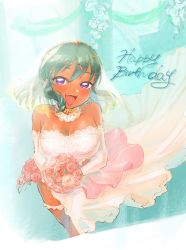 Rule 34 | 1girl, blush, bouquet, breasts, bridal gauntlets, bridal veil, bride, choker, cleavage, collarbone, dark-skinned female, dark skin, detached collar, dress, floating clothes, flower, frilled choker, frills, green hair, happy birthday, highres, holding, holding bouquet, idolmaster, idolmaster cinderella girls, kamui (chocokamui), lace, lace-trimmed dress, lace trim, large breasts, looking at viewer, natalia (idolmaster), pink flower, pink rose, purple eyes, rose, smile, solo, thigh strap, veil, wedding dress, white dress