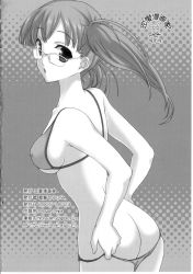 Rule 34 | 1girl, ass, bikini, bikini pull, breasts, clothes pull, glasses, greyscale, highres, monochrome, naruse hirofumi, pulled by self, solo, swimsuit, twintails