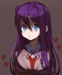 Rule 34 | 1girl, absurdres, blazer, breasts, brown background, brown sweater vest, button gap, close-up, commentary, constricted pupils, crazy eyes, doki doki literature club, dress shirt, english commentary, gozuu, grey jacket, hair between eyes, hair intakes, hair ornament, hairclip, heartbeat, highres, jacket, large breasts, light frown, long hair, looking at viewer, mixed-language commentary, neck ribbon, parted lips, partially unbuttoned, portrait, purple hair, red ribbon, ribbon, sanpaku, school uniform, shaded face, shadow, shirt, simple background, solo, sweater vest, translated, white shirt, wide-eyed, yandere, yuri (doki doki literature club)