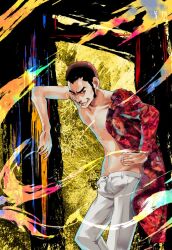 Rule 34 | 1boy, arsene lupin iii, black hair, blz, cowboy shot, hand on own hip, long sleeves, looking to the side, lupin iii, navel, off-shoulder shirt, off shoulder, open fly, pants, red eyes, red shirt, shirt, sideburns, smirk, smoking, solo, standing, white pants, yellow background