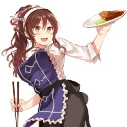 Rule 34 | 1girl, :d, alternate hairstyle, apron, ashigara (kancolle), blush, brown eyes, brown hair, chopsticks, commentary request, cowboy shot, curry, fang, food, hairband, highres, kantai collection, long hair, open mouth, pantyhose, ponytail, senbei (senbe i), simple background, smile, solo, white background, white pantyhose