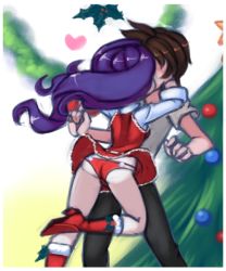 Rule 34 | 1boy, 1girl, ass, black pants, boots, breasts, brown hair, christmas, christmas ornaments, christmas tree, drantyno, dress, from behind, fur-trimmed boots, fur trim, grey shirt, hasbro, heart, hetero, high heels, hug, kiss, knee boots, leg up, long hair, mistletoe, my little pony, my little pony: equestria girls, my little pony: friendship is magic, panties, pants, purple hair, rarity (my little pony), red dress, red footwear, red panties, santa costume, shirt, short hair, short sleeves, sleeveless, sleeveless dress, small breasts, star (symbol), surprised, underwear, white background, white shirt, wind, wind lift