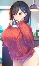 Rule 34 | 1girl, black hair, blue eyes, breasts, commentary request, cup, glasses, highres, huge breasts, lamp, looking at viewer, looking to the side, mug, no eyewear, no pants, original, parted lips, raised eyebrows, ribbed sweater, shiki (psychedelic g2), short hair, solo, sweater, thighs