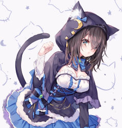 Rule 34 | 1girl, animal ear fluff, animal ears, animal hood, black capelet, blue bow, blue eyes, blue skirt, blush, bow, breasts, brooch, brown hair, capelet, cat ears, cat hood, cat tail, cleavage, commentary request, crescent, crescent pin, fur trim, grey background, hair over one eye, hand up, hood, hood up, hooded capelet, idolmaster, idolmaster cinderella girls, jewelry, kemonomimi mode, long sleeves, looking at viewer, medium breasts, parted lips, pf, sagisawa fumika, shirt, skirt, solo, star (symbol), tail, tail raised, white shirt