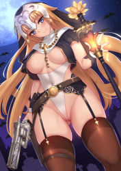 Rule 34 | 1girl, alternate costume, areola slip, bat (animal), belt, black shirt, blonde hair, blue eyes, blush, breasts, breasts apart, brown belt, brown thighhighs, cleft of venus, covered erect nipples, covered navel, crop top, cross, cross necklace, fate (series), flower, full moon, garter belt, genkung, gluteal fold, graveyard, gun, habit, handgun, head tilt, headpiece, highres, holding, holding gun, holding weapon, holster, jeanne d&#039;arc (fate), jeanne d&#039;arc (ruler) (fate), jewelry, large breasts, leotard, long hair, looking at viewer, loose belt, lotus, medium breasts, moon, necklace, night, nun, open clothes, open shirt, outdoors, pussy, revealing clothes, revolver, shirt, short sleeves, skindentation, smile, solo, staff, standing, thigh holster, thighhighs, thighs, very long hair, weapon, wedgie, white leotard, wrist cuffs