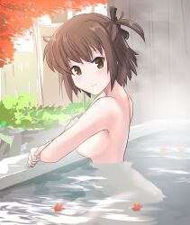 Rule 34 | 1girl, blush, breasts, brown eyes, brown hair, closed mouth, etou kanami, leaf, looking at viewer, medium breasts, nude, partially submerged, short hair, side ponytail, smile, solo, toji no miko, tweela, water