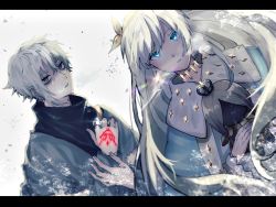 Rule 34 | 1boy, 1girl, anastasia (fate), black border, blue eyes, border, cape, command spell, doll, fate/grand order, fate (series), hairband, highres, jewelry, kadoc zemlupus, letterboxed, long hair, oga sleep, ring, silver hair, yellow eyes