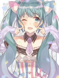 Rule 34 | 1girl, ;d, black collar, blush, breasts, collar, collarbone, commentary request, detached collar, fingernails, fingers to cheeks, green eyes, green hair, hair ribbon, hatsune miku, head tilt, heart, highres, long hair, long sleeves, looking at viewer, medium breasts, minasenagi, necktie, off-shoulder shirt, off shoulder, one eye closed, open mouth, outside border, purple necktie, purple ribbon, ribbon, shirt, short necktie, sleeves past wrists, smile, solo, star (symbol), striped, twintails, vertical stripes, very long hair, vocaloid