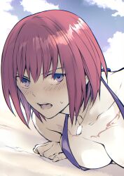 Rule 34 | 1girl, blue eyes, blush, breasts, collarbone, grel (r6hgvu5), jewelry, looking at viewer, medium breasts, necklace, nel zelpher, open mouth, red hair, short hair, solo, star ocean, star ocean till the end of time, sweatdrop, swimsuit, tattoo
