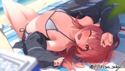 Rule 34 | 1girl, ;d, absurdres, bare legs, bikini, bikini under clothes, black jacket, blurry, blush, breasts, depth of field, highres, idolmaster, idolmaster shiny colors, jacket, knees up, komiya kaho, looking at viewer, lying, mat, one eye closed, open clothes, open jacket, open mouth, outdoors, pyonsan, red eyes, red hair, side-tie bikini bottom, small breasts, smile, solo, swimsuit, twitter username, upside-down, white bikini