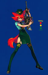Rule 34 | 1girl, animal ears, black footwear, blue background, blue shirt, color guide, dog ears, dog tail, fangs, fingernails, green hat, green necktie, green skirt, green thighhighs, gun, hat, highres, holding, holding gun, holding weapon, legs apart, looking at viewer, medium hair, miniskirt, nail polish, necktie, open mouth, original, pigeon666, red hair, red nails, sanpaku, shirt, shoes, side slit, simple background, skirt, solo, tail, thighhighs, weapon, yellow eyes