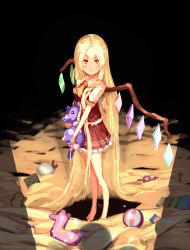 Rule 34 | 1girl, absurdly long hair, absurdres, alternate hair length, alternate hairstyle, ascot, bare arms, bare legs, barefoot, blonde hair, closed mouth, commentary request, crystal, expressionless, flandre scarlet, frilled skirt, frills, full body, hair down, hair over shoulder, hat, unworn headwear, highres, holding, holding stuffed toy, kikimifukuri, long hair, looking at viewer, puffy sleeves, red eyes, red skirt, red vest, shadow, skirt, solo focus, standing, stuffed animal, stuffed toy, teddy bear, touhou, toy, very long hair, vest, wings, yellow ascot