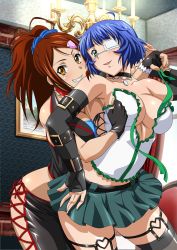 Rule 34 | bachou mouki, black gloves, black legwear, blue hair, breasts, brown hair, choker, cleavage, elbow gloves, eyepatch, fingerless gloves, gloves, green eyes, highres, ikkitousen, large breasts, looking at viewer, miniskirt, mole, mole under mouth, multiple girls, open mouth, ponytail, ryomou shimei, short hair, skirt, smile, tagme, thighhighs, yellow eyes