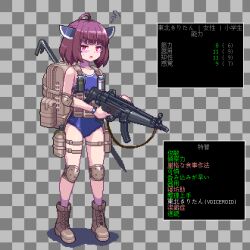 Rule 34 | 1girl, ahoge, backpack, bag, blade, blue one-piece swimsuit, blunt bangs, blush, bob cut, boots, canteen, cataclysm: dark days ahead, checkered background, combat boots, commentary request, crowbar, e79, elbow pads, embarrassed, explosive, fake transparency, full body, grenade, gun, h&amp;k mp5, headgear, holding, holding gun, holding weapon, holster, knee pads, load bearing vest, one-piece swimsuit, open mouth, pixel art, red eyes, school swimsuit, short hair, solo, squiggle, standing, stats, submachine gun, sweatdrop, swimsuit, thigh holster, thigh strap, touhoku kiritan, translation request, v-shaped eyebrows, voiceroid, watch, weapon, wristwatch