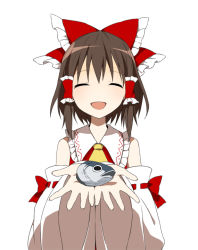 Rule 34 | 1girl, ascot, bad id, bad pixiv id, bow, brown hair, closed eyes, detached sleeves, female focus, fish, hair bow, hair tubes, hakurei reimu, in palm, japanese clothes, miko, rin (royal), severed head, simple background, smile, solo, touhou, white background