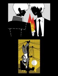 Rule 34 | 2boys, adachi tooru, burning, card, check spoilers, collared shirt, commentary, english commentary, faceless, faceless male, facing another, fire, formal, halftone, hand up, high contrast, highres, holding, holding card, jacket, kirvias (kirvia), long sleeves, multiple boys, multiple views, narukami yuu, necktie, open clothes, open jacket, pants, partially colored, persona, persona 4, pose imitation, power lines, shirt, short hair, sky, spoilers, suit, suit jacket, sweatdrop, tarot, the hanged man (tarot), upside-down, utility pole, yellow sky