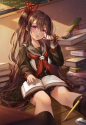 Rule 34 | 1girl, :o, absurdres, black sailor collar, black shirt, black skirt, black socks, blurry, blurry foreground, blush, book, book stack, brown hair, chalk, chalkboard, dutch angle, eraser, hair ribbon, hand up, highres, ika (4801055), indoors, jane grey (king&#039;s raid), king&#039;s raid, kneehighs, light particles, long hair, long sleeves, looking at viewer, miniskirt, neckerchief, on floor, one side up, open book, parted lips, pencil, pink eyes, pleated skirt, red neckerchief, red ribbon, ribbon, sailor collar, school uniform, serafuku, shirt, sidelocks, sitting, skirt, socks, solo, sunlight, tears, thighs, very long hair, wing collar, wooden floor