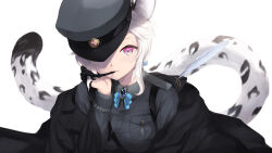 Rule 34 | 1girl, animal ears, biting, black jacket, blue bow, bow, breasts, brooch, cait aron, collared shirt, commentary request, dress shirt, glove biting, gloves, grey shirt, highres, indie virtual youtuber, jacket, jewelry, kusubashi shiya, leopard ears, leopard girl, leopard tail, long sleeves, looking at viewer, medium breasts, off shoulder, open clothes, open jacket, pink eyes, shirt, simple background, solo, tail, upper body, virtual youtuber, white background, white hair