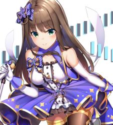Rule 34 | 1girl, bare shoulders, breasts, brown hair, elbow gloves, gloves, green eyes, hair ornament, idolmaster, idolmaster cinderella girls, idolmaster cinderella girls starlight stage, kouda hayato (e-gis), long hair, looking at viewer, medium breasts, microphone, parted lips, shibuya rin, smile, solo, stage of magic, thighhighs, white gloves