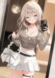 Rule 34 | 1girl, bag, belt, black belt, blue eyes, blurry, blurry background, bow, breasts, brown shirt, camisole, cellphone, cleavage, cowboy shot, crop top, depth of field, grey eyes, hair between eyes, hand up, hands up, highres, holding, holding phone, jewelry, large breasts, light brown hair, long hair, long sleeves, looking at viewer, medium breasts, midriff, miniskirt, mirror, navel, original, parted lips, phone, pleated skirt, ribbed shirt, ring, shirt, shoulder bag, skirt, smartphone, solo, spaghetti strap, standing, thigh strap, thighs, undershirt, weri, white bag, white bow, white hair, white shirt, white skirt