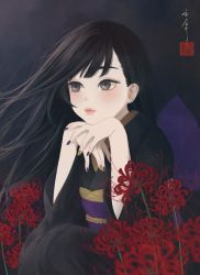 Rule 34 | 1girl, black background, black eyes, black hair, black kimono, blue nails, blurry, blurry foreground, commentary request, facing viewer, floating hair, flower, head rest, highres, japanese clothes, kimono, light blush, long hair, long sleeves, looking past viewer, nail polish, obi, obiage, obijime, original, own hands together, purple sash, red flower, sash, seal impression, signature, sitting, solo, spider lily, upper body, ushiyama ame, yellow nails