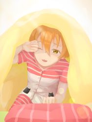 Rule 34 | 1girl, animal print, artist name, artist request, bed, breasts, buttons, cat print, collarbone, female focus, green eyes, hair between eyes, highres, hoshizora rin, looking at viewer, love live!, love live! school idol project, on bed, one eye closed, orange hair, pajamas, pants, parted lips, pillow, red pajamas, red shirt, shirt, short hair, short sleeves, small breasts, smile, solo, striped clothes, striped pajamas, striped pants, striped pillow, striped shirt, white shirt, yellow eyes