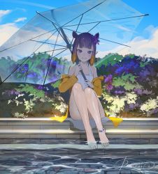 Rule 34 | 1girl, absurdres, alternate costume, anklet, blue sky, commentary, day, drowzzi, english commentary, flower, full body, hair flower, hair ornament, highres, hololive, hololive english, jacket, jewelry, long hair, looking at viewer, ninomae ina&#039;nis, off shoulder, one-piece swimsuit, outdoors, plant, pointy ears, pool, purple eyes, purple hair, signature, sitting, sky, smile, soaking feet, solo, swimsuit, tentacle hair, umbrella, virtual youtuber, white one-piece swimsuit, yellow jacket